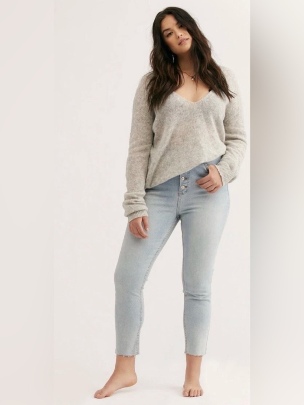 Free People CRVY Mardi High Rise Skinny Jeans Light Wash Raw Hem 33